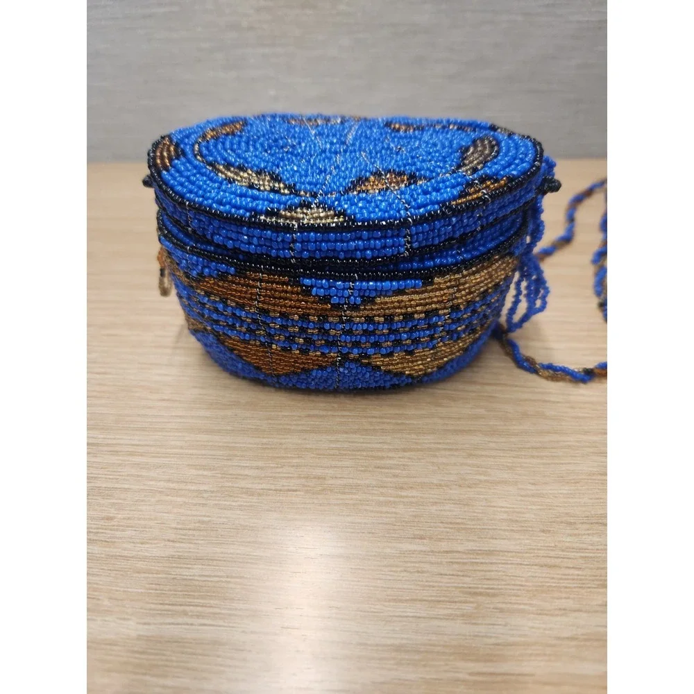 Vintage Seed Bead Hand Beaded Wire Hanging Trinket Box‎ Purse Lidded Blue Gold